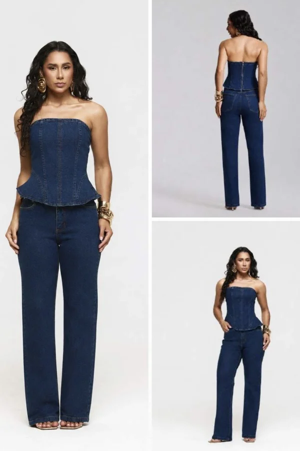 Blusa Jeans Tomara que Caia com Recorte Peplum
