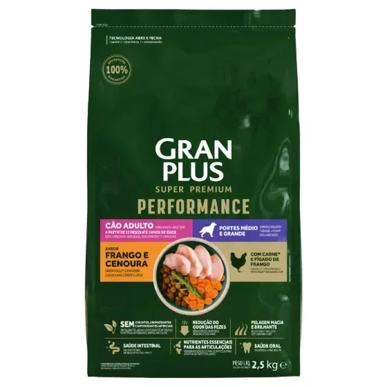 Ração GranPlus Performance Cães Adultos Médio e Grande Frango e Cenoura 2,5 kg