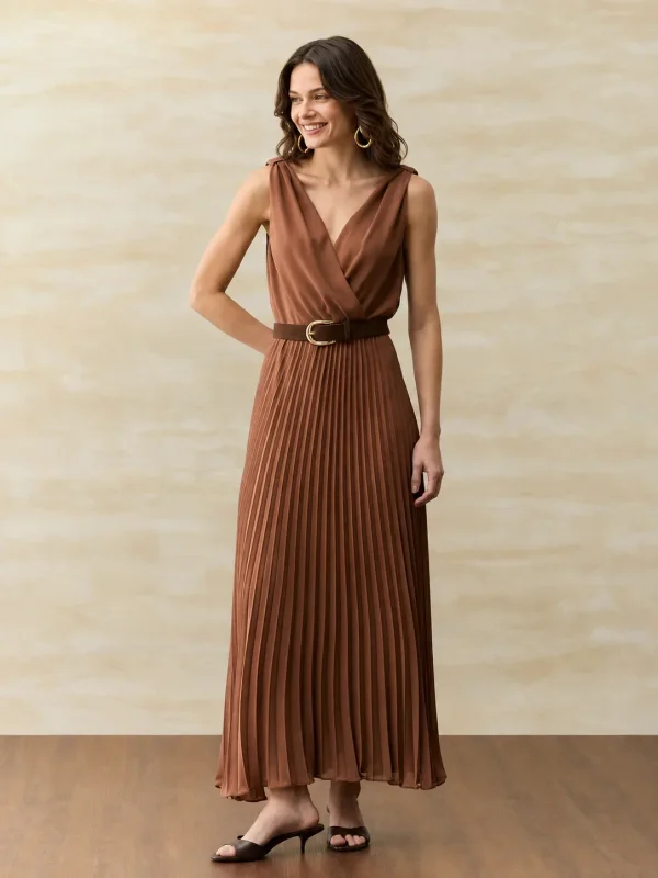 Vestido Plissado Decote V Com Cinto Marrom