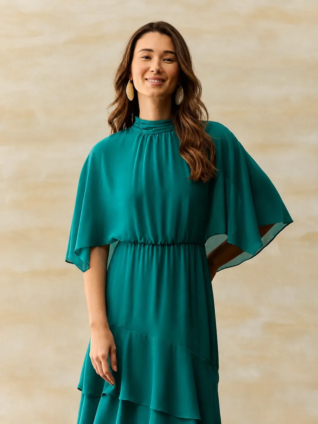 Vestido Longo Com Manga 3/4 Verde Escuro