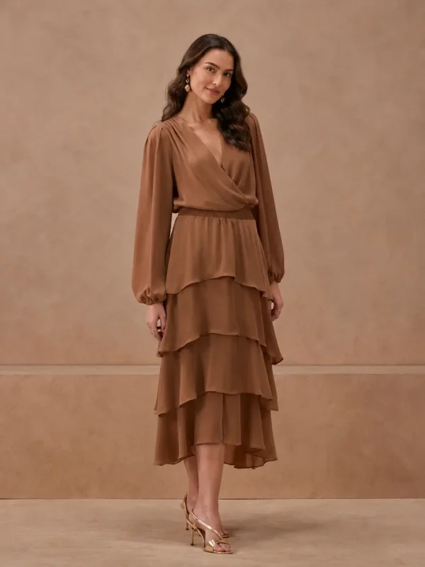 Vestido Godê Com Saia Em Camadas Marrom