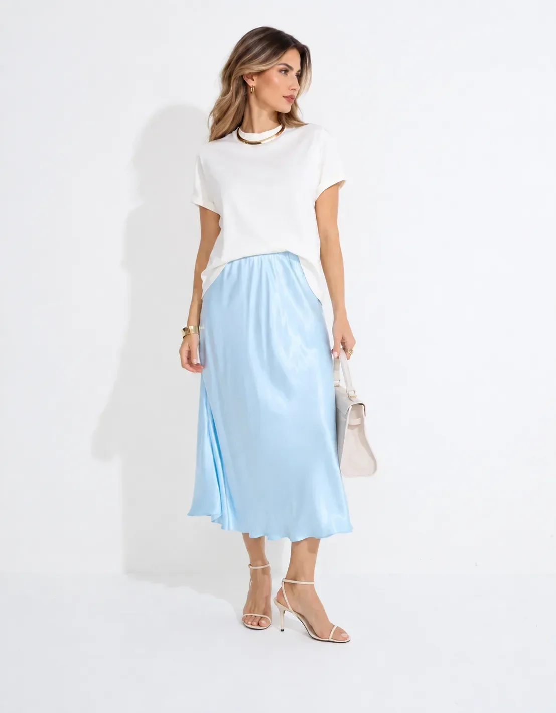 Saia Cetim Midi Hadid Sky Blue
