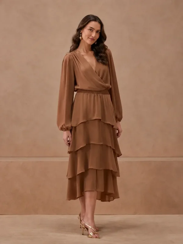 Vestido Godê Com Saia Em Camadas Marrom