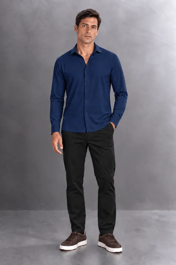 Camisa Social Masculina Manga Longa Azul Slim Fit