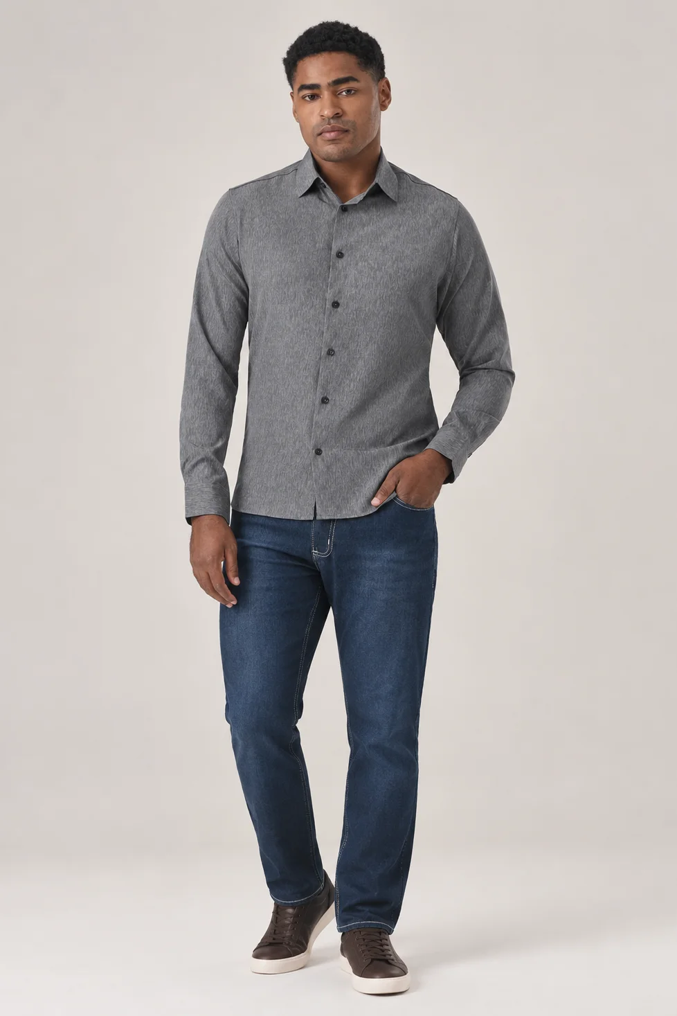 Camisa Social Masculina Manga Longa Cinza