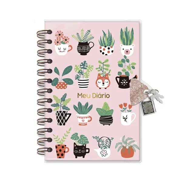 Diário com Chave Plantinhas Espiral Capa Rosa