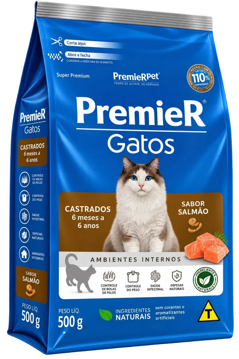 Ração Premier Ambientes Internos Gatos Castrados 6 Meses a 6 Anos Salmão 500 g