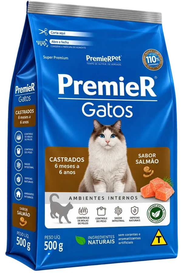 Ração Premier Ambientes Internos Gatos Castrados 6 Meses a 6 Anos Salmão 500 g