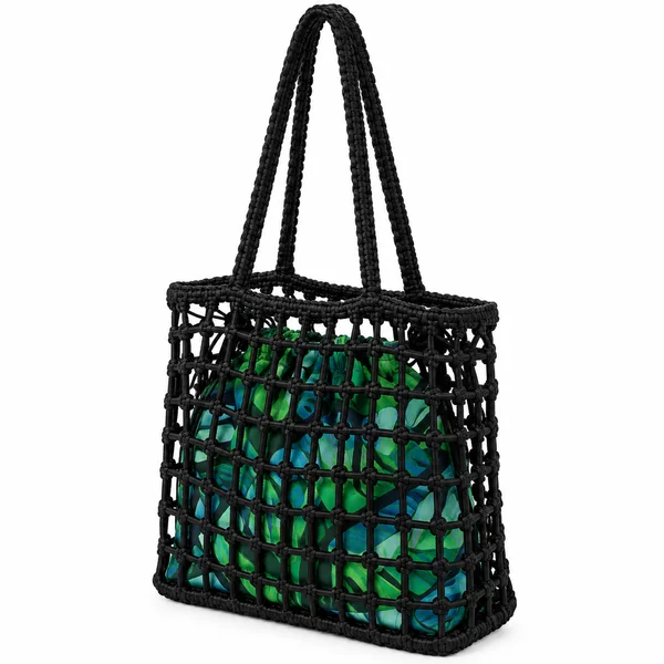 Bolsa Tote Preta Tramada com Rede e Forro Estampado