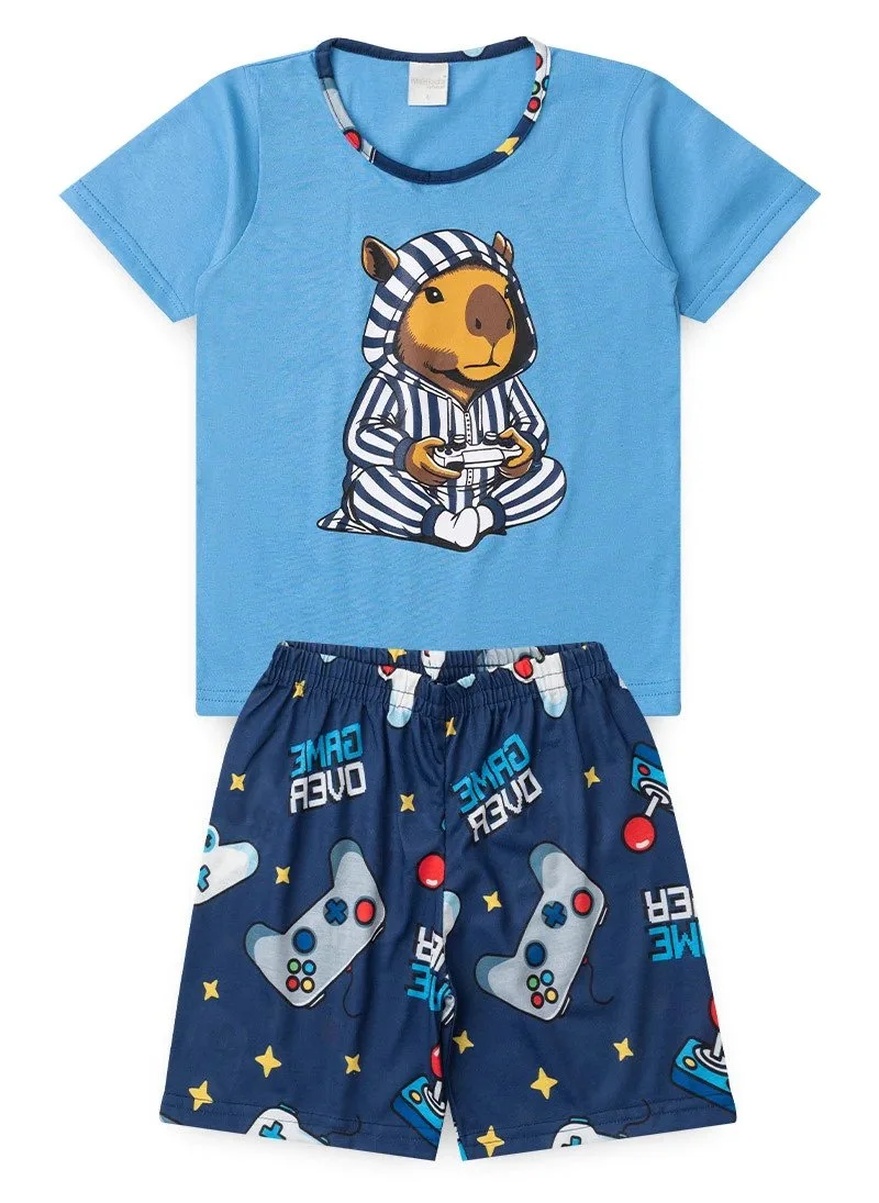 Pijama Verão Infantil Masculino Capivara Gamer Azul