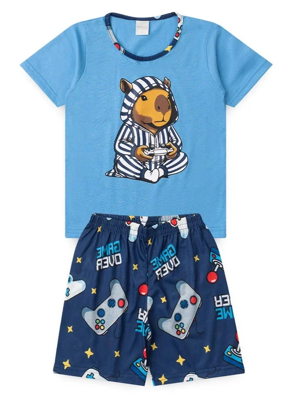 Pijama Verão Infantil Masculino Capivara Gamer Azul