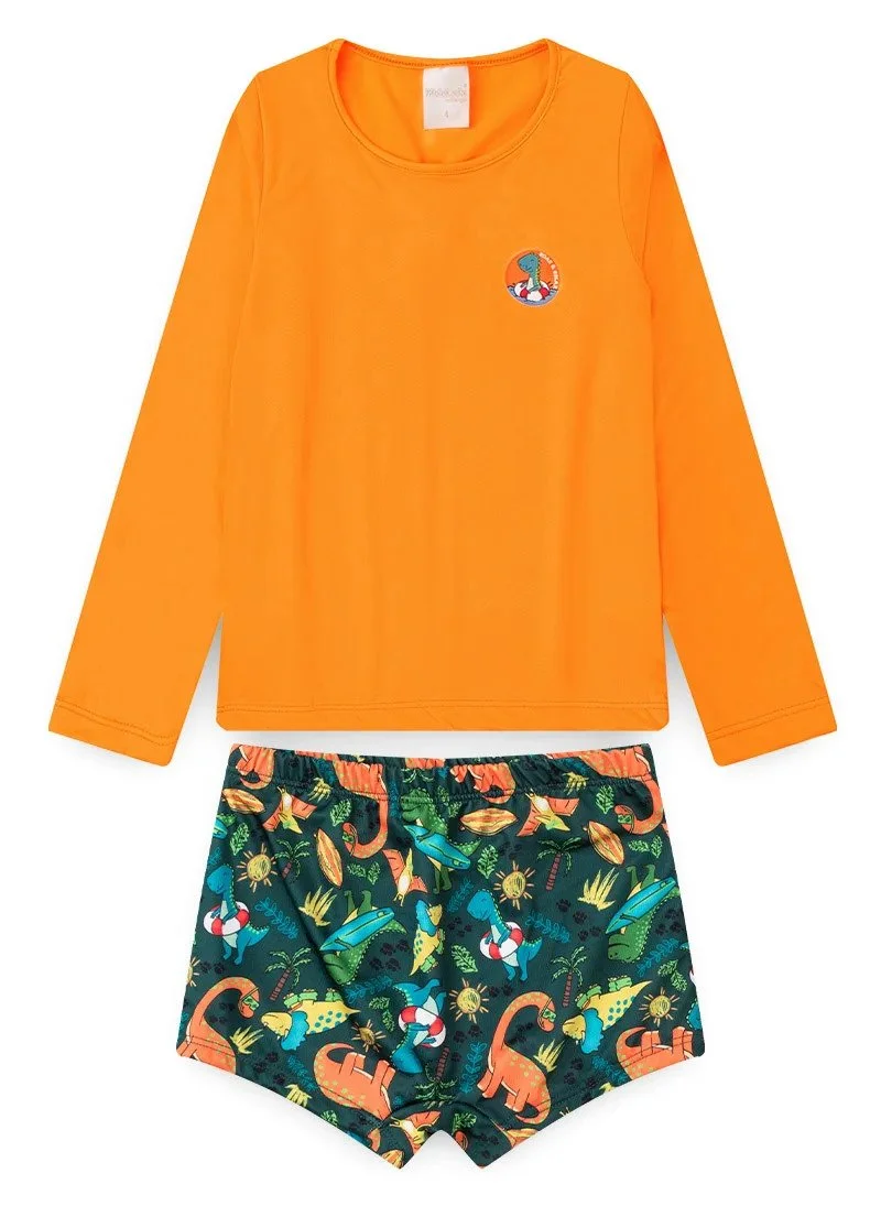 Conjunto Praia Infantil Menino Laranja com Sunga Dino Selva