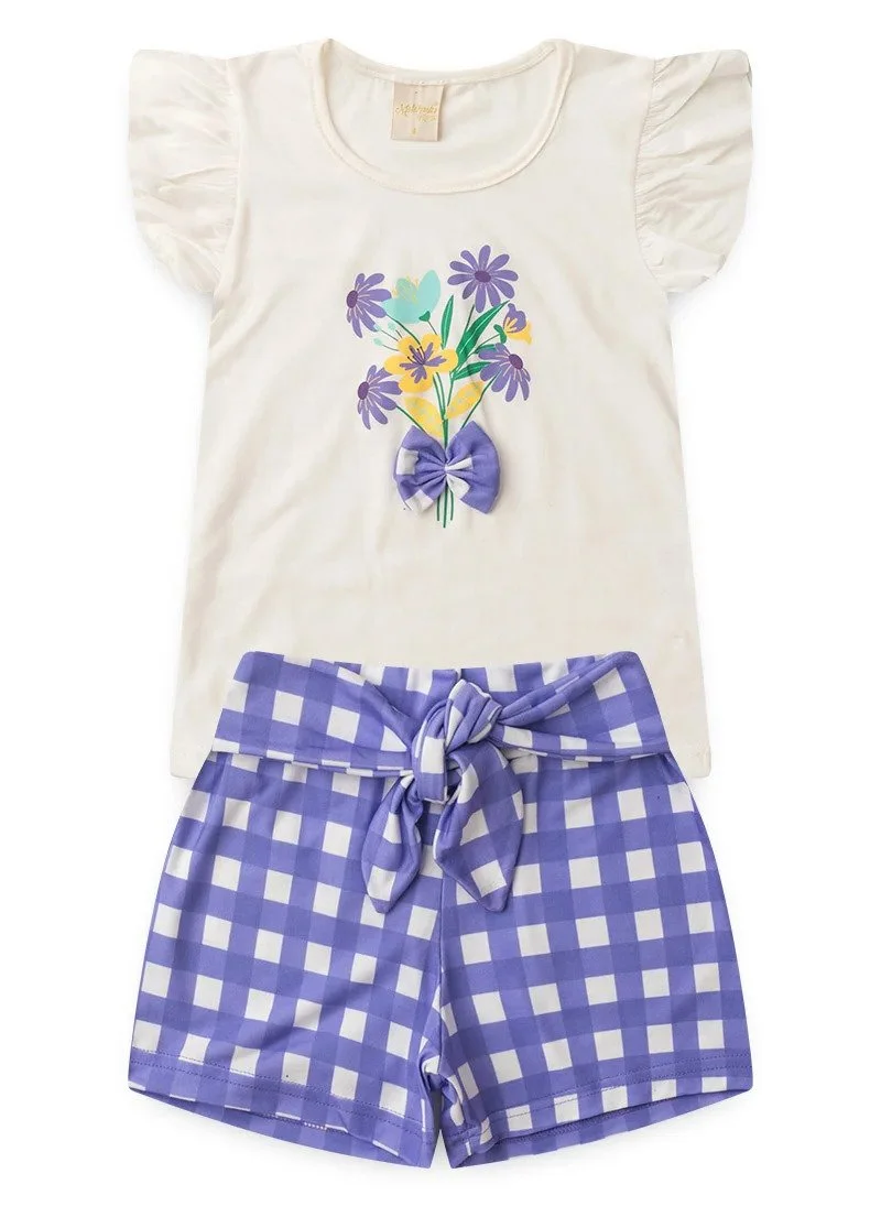 Conjunto Verão Infantil Blusa e Shorts Floral Xadrez