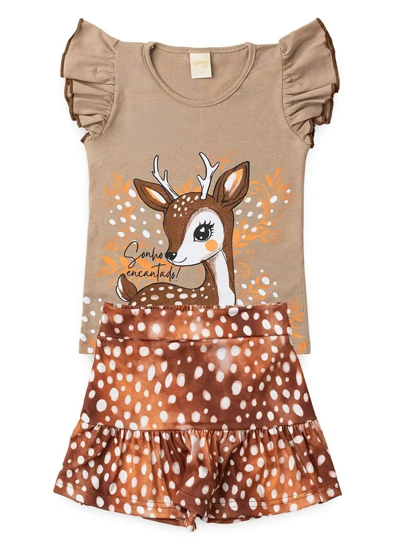 Conjunto Infantil Verão Bege com Babado e Shorts Saia