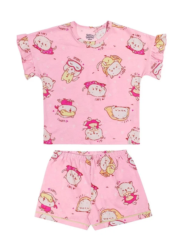 Conjunto Pijama Infantil Menina Blusa e Short Rosa Gatinho