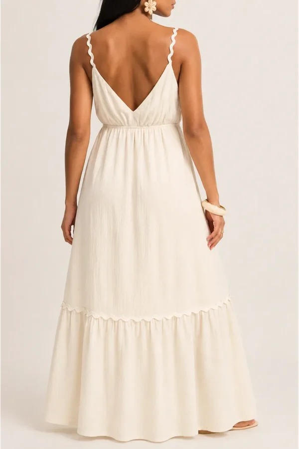 Vestido Long Midi com Linho Aviamentos e Babados