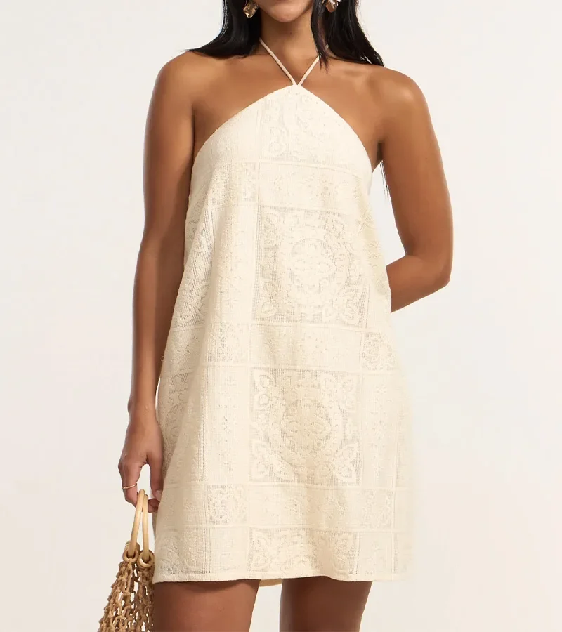 Vestido Frente Única com Amarração e Textura Floral Off White
