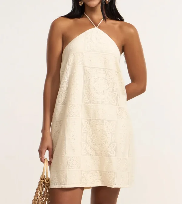 Vestido Frente Única com Amarração e Textura Floral Off White