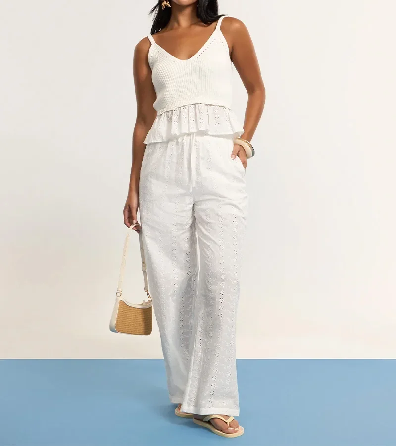 Blusa em Tricô com Alças e Babados Off White