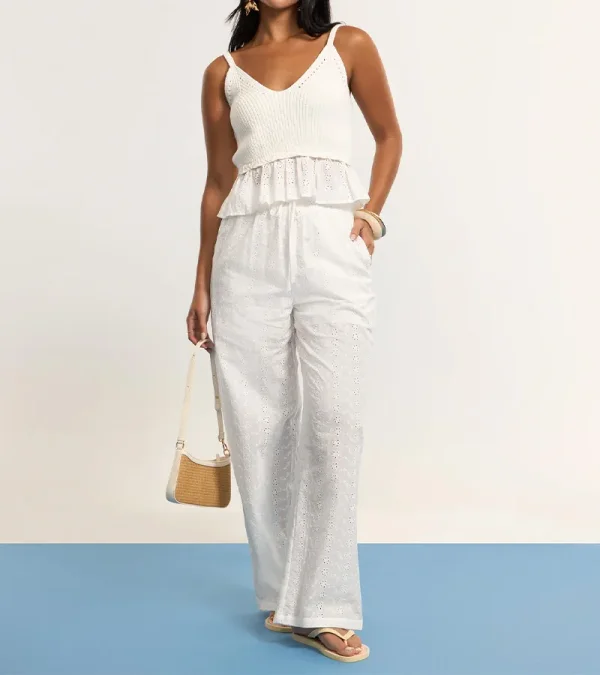 Blusa em Tricô com Alças e Babados Off White