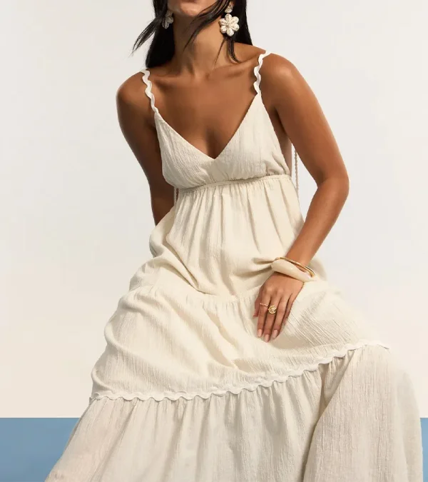 Vestido Long Midi com Linho Aviamentos e Babados