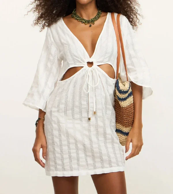 Saída de Praia Vestido com Recortes Vazados Branco