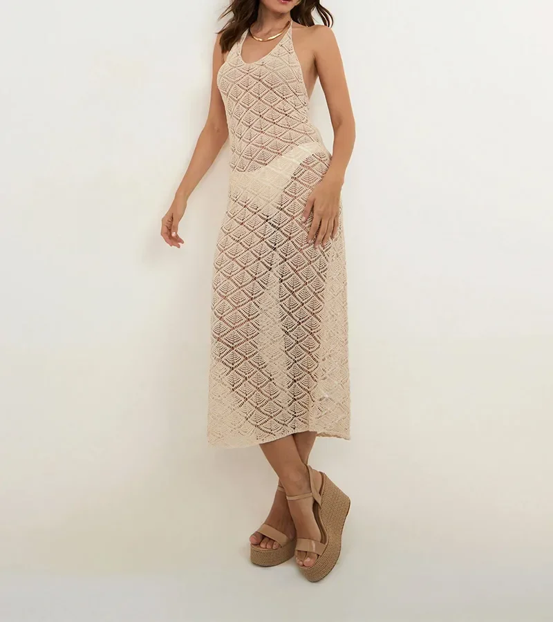 Saída de Praia Vestido em Crochê Bege