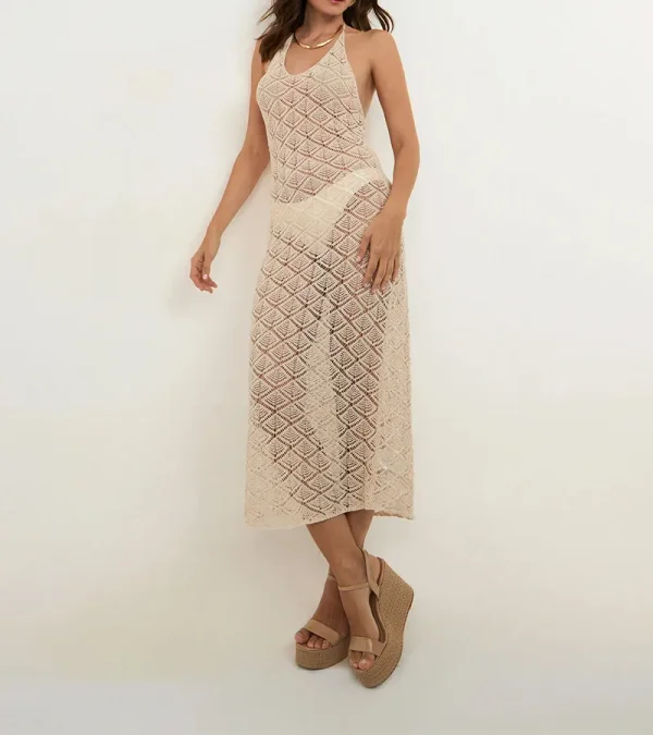 Saída de Praia Vestido em Crochê Bege