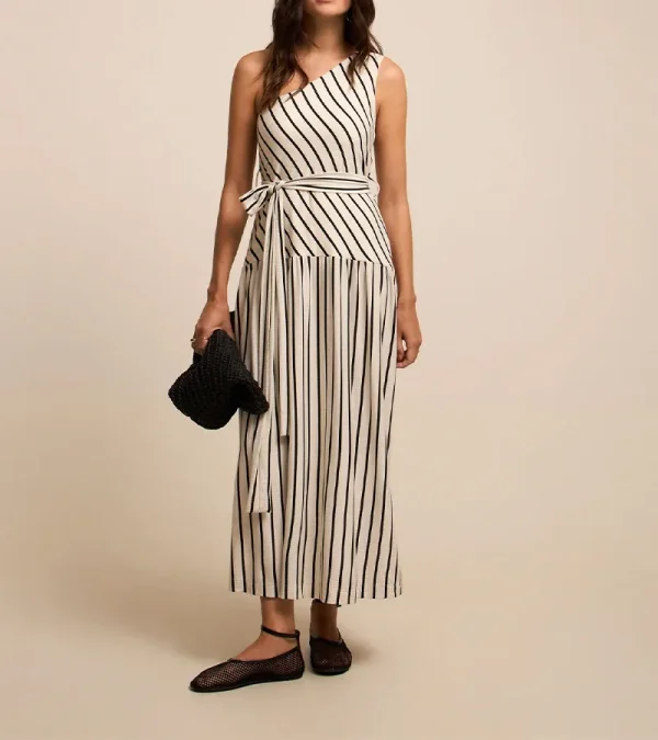 Vestido Evasê New Midi Ombro Só com Listras Preto Branco