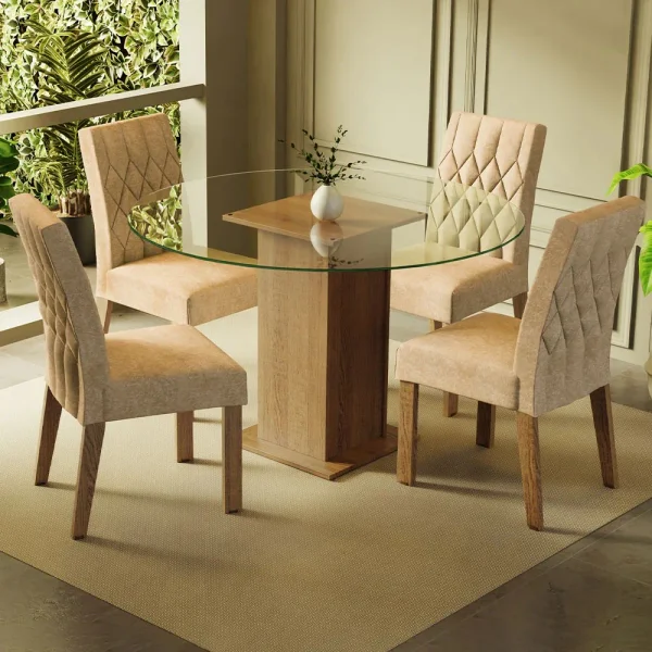 Conjunto Mesa de Jantar Vidro Redonda com 4 Cadeiras