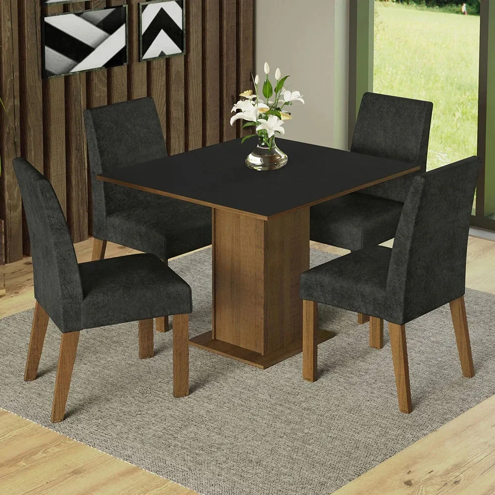 Conjunto de Mesa e Cadeiras - Preto e Madeira