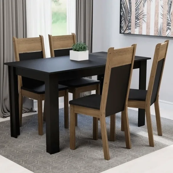 Conjunto Mesa de Jantar com 4 Cadeiras Preto e Marrom
