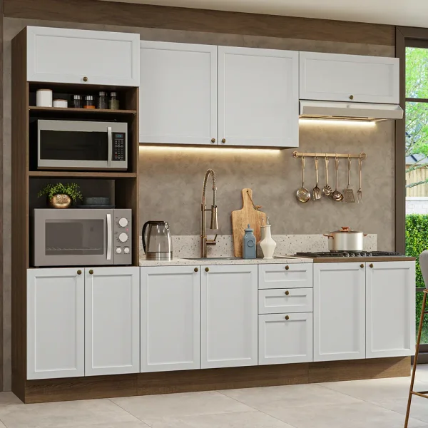 Conjunto de Armários de Cozinha Branco com Madeira