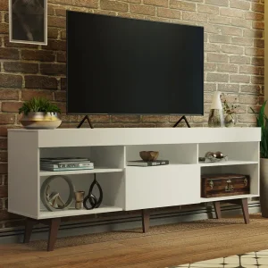 Rack de TV Branco com Pés de Madeira