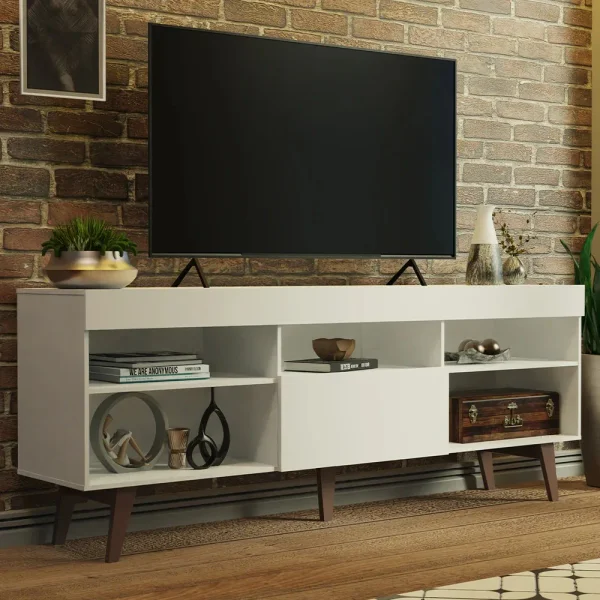 Rack de TV Branco com Pés de Madeira