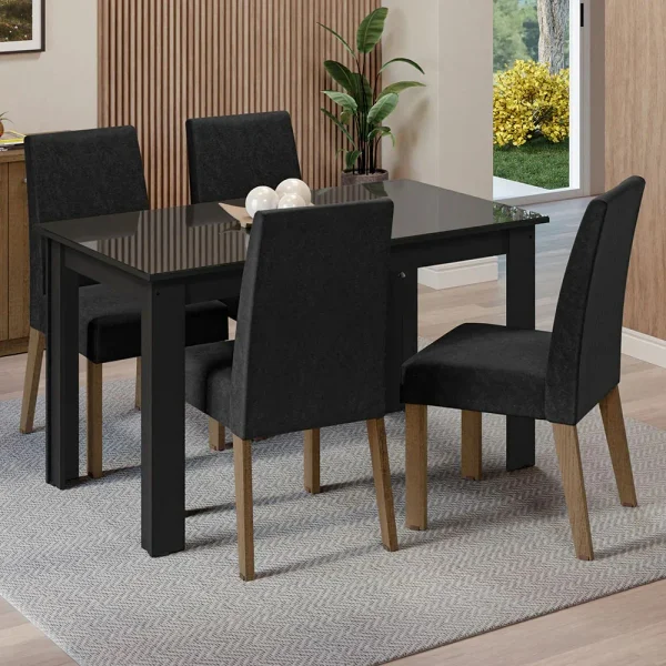 Conjunto de Mesa de Jantar com 4 Cadeiras - Preto