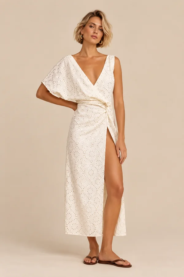 Vestido Midi Transpassado em Laise com Fenda