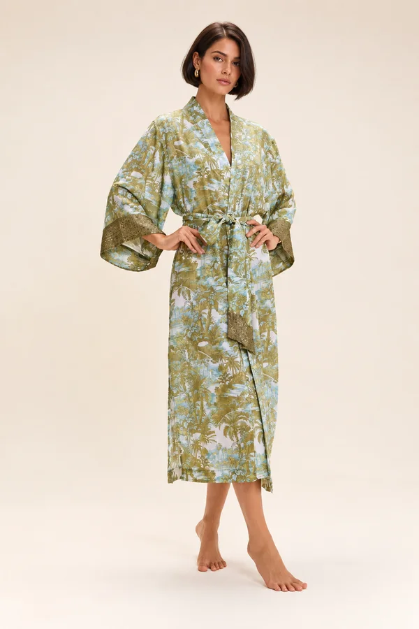 Robe Midi Estampado com Faixa e Manga Ampla