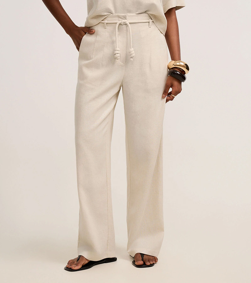 Calca Pantalona Em Viscolinho Com Cinto Off White