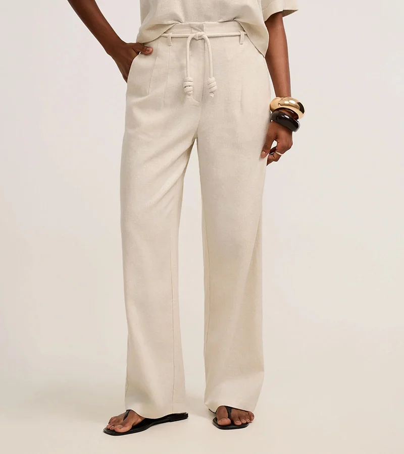 Calca Pantalona Em Viscolinho Com Cinto Off White