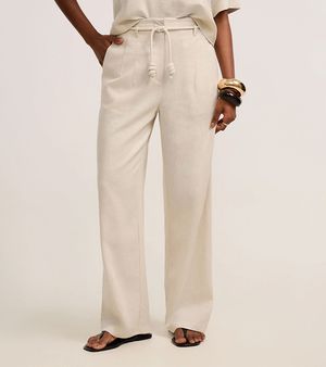 Calca Pantalona Em Viscolinho Com Cinto Off White