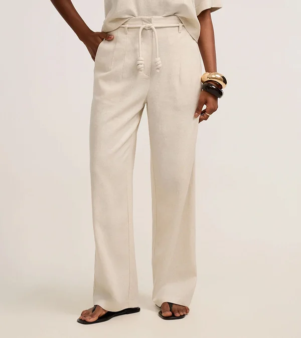 Calca Pantalona Em Viscolinho Com Cinto Off White