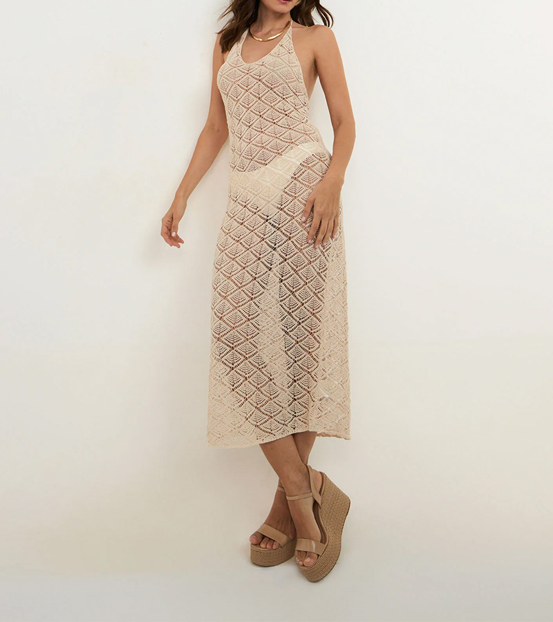 Saída De Praia Vestido Em Crochê Bege