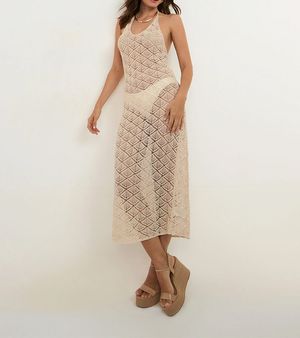 Saída De Praia Vestido Em Crochê Bege