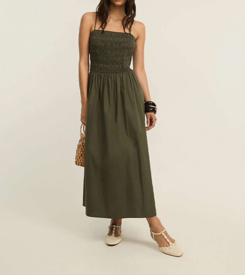 Vestido Evasé Em Tricoline Com Alca Fina E Lastex Verde