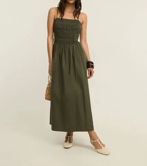 Vestido Evasé Em Tricoline Com Alca Fina E Lastex Verde