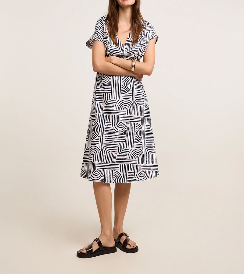 Vestido Midi Em Tricoline Com Estampa Geometrica Preto Branco