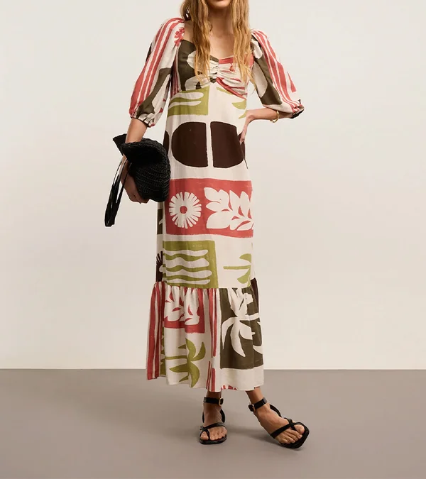 Vestido Midi Evasé Com Manga Bufante Com Estampa De Icones